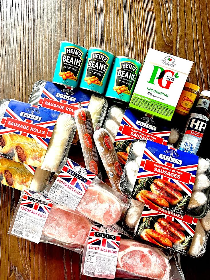 A huge selection of British food including; Heinz Baked Beans, PG Tips Tea Bags, Colman's Mustard, HP Brown Sauce, English Sausage Rolls, Traditional British Sausages, Irish Black Pudding and British Bacon.