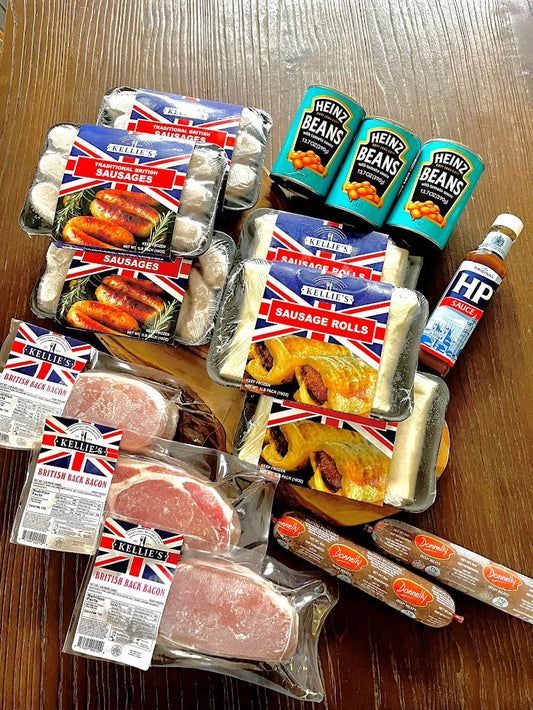 Selection of authentic British Foods and condiments incliding our traditional British Sauasge Rolls, Irish Black Pudding, Heinz Baked Beans, British Sausages, HP Brown Sauce and British Bacon.