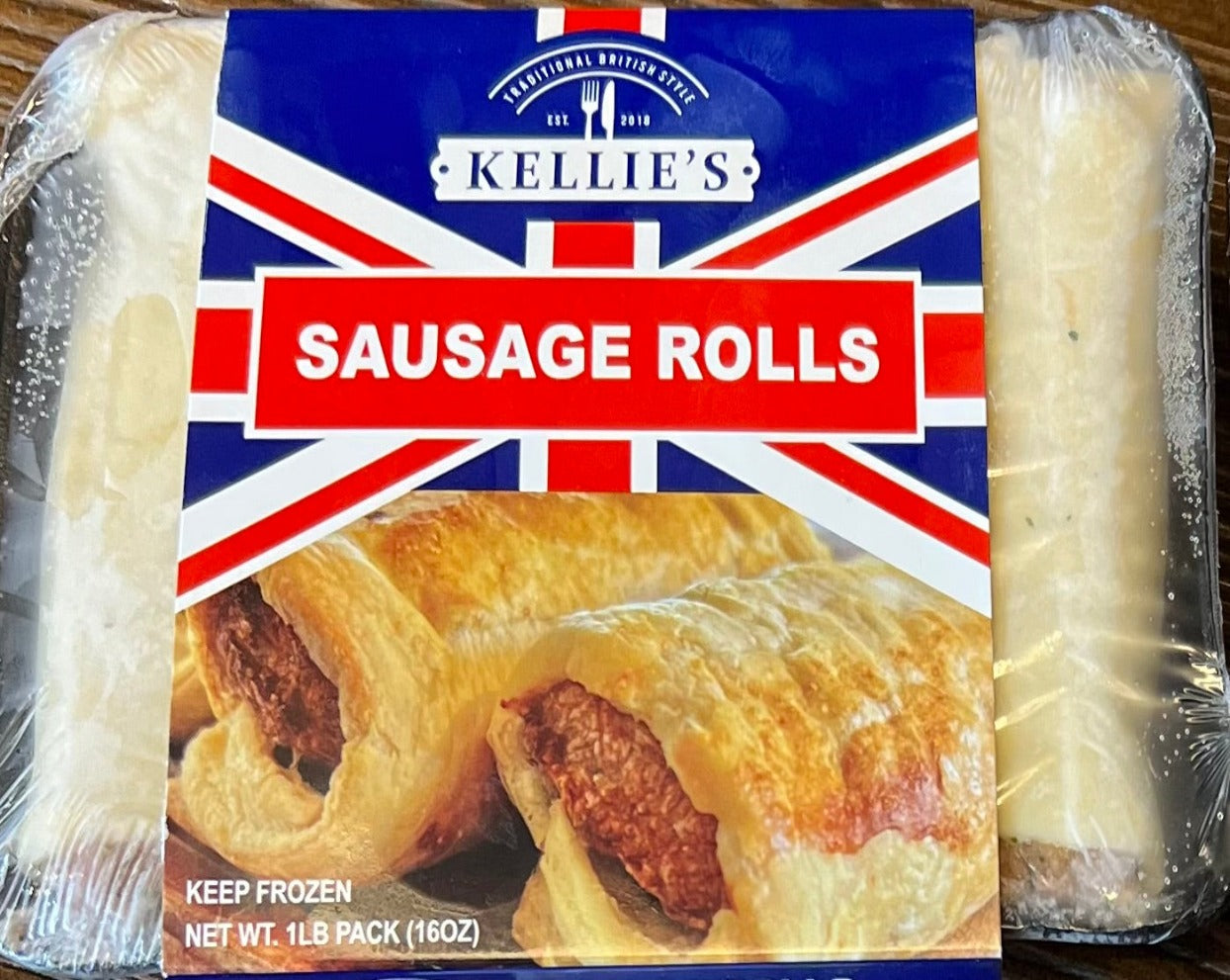 A 4 pack of Traditional British sausage rolls. Sausage meat wrapped in flaky puff pastry Frozen and ready to cook.