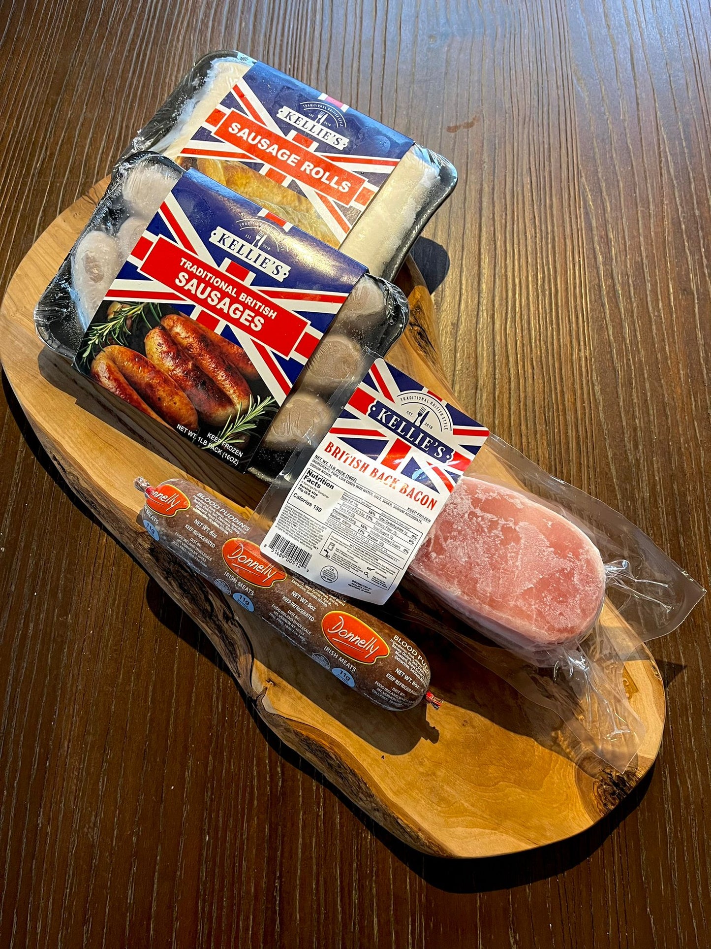 A selection of authentic British Food including; Traditional British Sausages, English Sausage Rolls, Irish Black Pudding and British Bacon