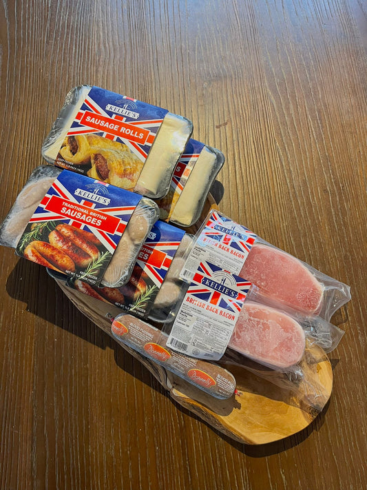 A selection of authentic British Food including; Traditional Sausage Rolls, British Sausages, Irish Black Pudding and British Bacon.