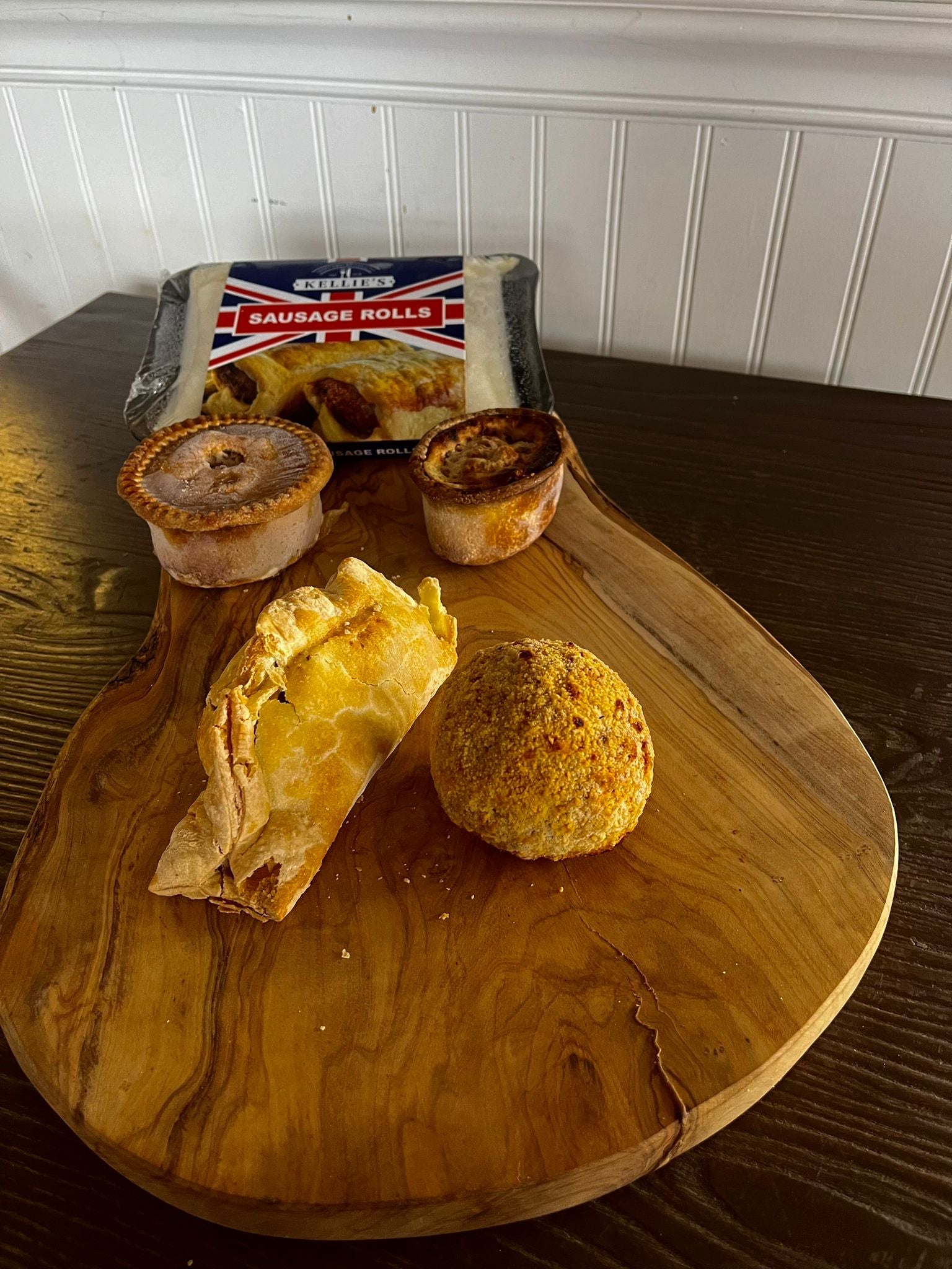 A selection of authentic British Food including; British Sausage Rolls, British Pork Pie, British Por Pie & Stilton, Scotch Egg, and Cornish Pasties.